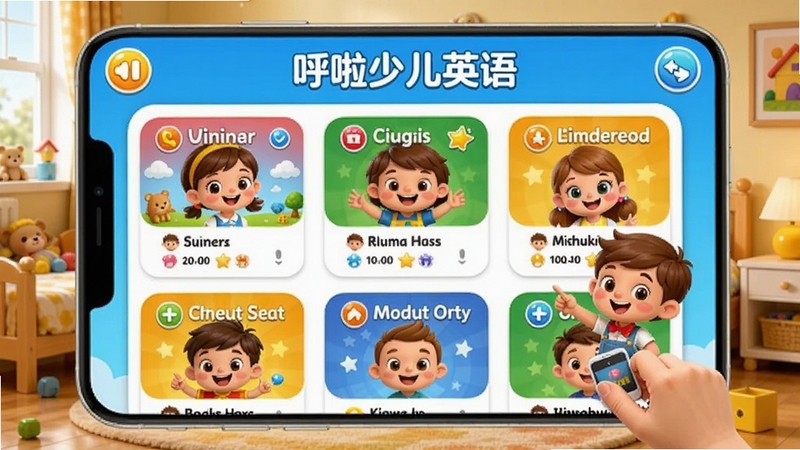 呼啦少儿英语app主界面预览图,展示色彩丰富的儿童英语学习课程列表与卡通角色互动场景,画面明亮活泼,背景为温馨的儿童房,整体风格可爱且具有教育氛围