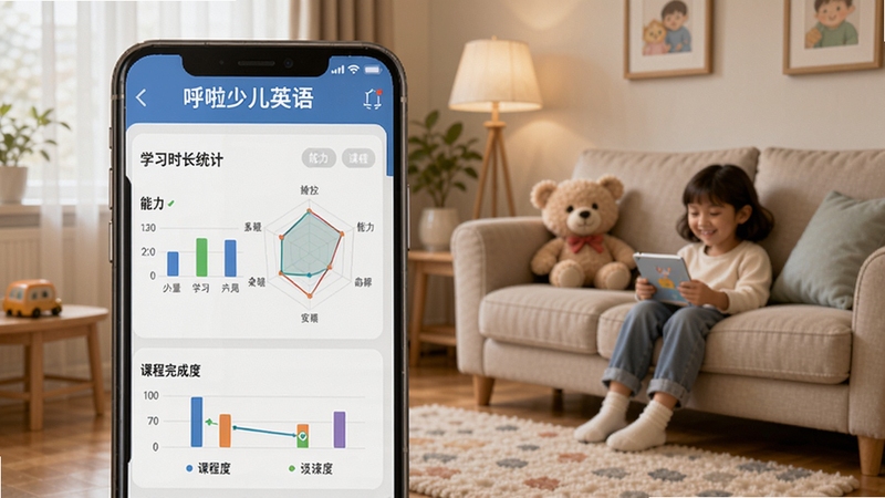 呼啦少儿英语家长端学习报告预览图,展示手机屏幕上的学习时长统计、能力雷达图、课程完成度等数据图表,背景是温馨的家庭环境,风格清晰直观