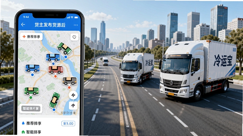 冷运宝货主版智能运力匹配功能示意图,画面中显示手机界面货主发布货源后,地图上出现多个司机车辆图标,并显示推荐排序列表,背景为城市道路与冷链车,风格写实,色彩明亮