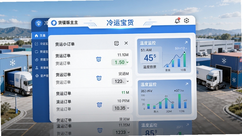 冷运宝货主版主界面展示,画面中央显示货运订单列表与温度监控数据,背景为冷链物流园区,前景为手机界面特写,整体风格科技蓝与白色搭配,明亮清晰,适配Boogu模型生成