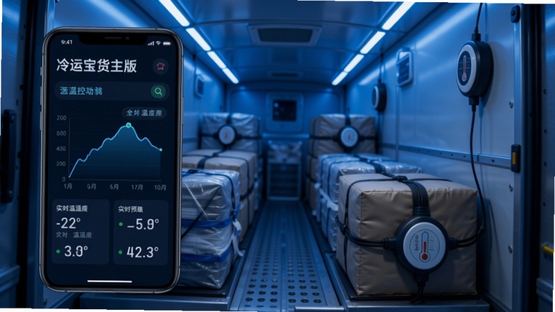 冷运宝货主版全程温控追踪功能预览,手机屏幕上显示温度曲线图与实时温湿度数值,背景为冷链车厢内部,货物整齐摆放,带有温度传感器,画面科技感强,蓝色调