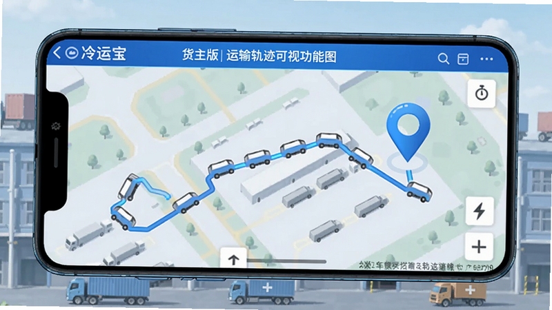 冷运宝货主版运输轨迹可视功能图,地图上显示车辆行驶轨迹与当前位置标记,手机界面清晰,背景为物流园区,画面信息丰富,科技蓝为主色调