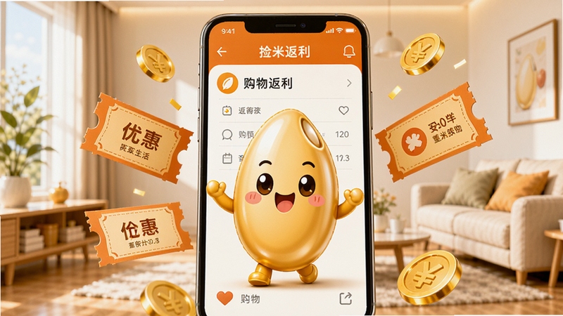 捡米生活主视觉图,展示手机屏幕中显示购物返利界面,背景为明亮的现代家居环境,画面中央突出一个金色米粒吉祥物,四周环绕优惠券和金币元素,整体色调温暖,风格活泼清新