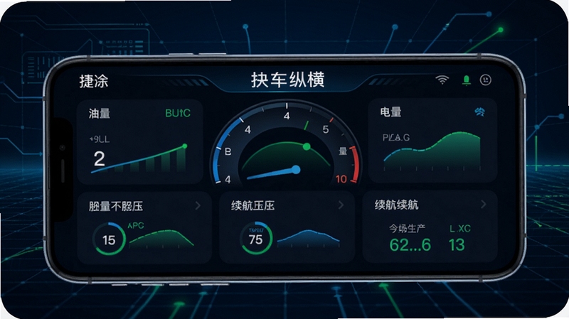 捷途纵横车辆状态监测功能预览,画面展示手机应用内车辆仪表盘界面,包含油量、电量、胎压、续航等数据图表,背景为简洁的科技网格,以蓝色和绿色为主色调,突出数据可视化与实时监测功能