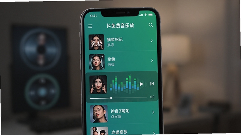 展示抖免费音乐播放器内部歌曲列表界面,手机屏幕上排列着多首歌曲条目,每首歌曲显示专辑封面、歌曲名称和歌手名,其中一首歌曲正在播放并带有动态均衡器动画,界面配色与主色调一致,背景虚化处理,突出歌曲列表的丰富与清晰,竖版手机UI设计。