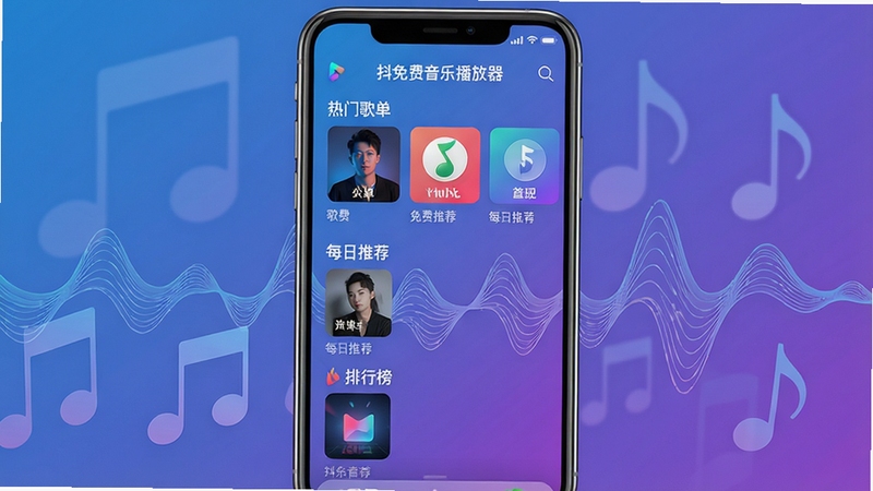 一张展示抖免费音乐播放器在主屏幕上的整体界面效果图,界面风格简约现代,以蓝紫色渐变为主色调,顶部显示“抖免费音乐播放器”字样,下方清晰列出热门歌单、每日推荐、排行榜等核心功能模块,背景为音乐律动波纹,整体画面科技感与音乐氛围融合,竖版构图,高清渲染。