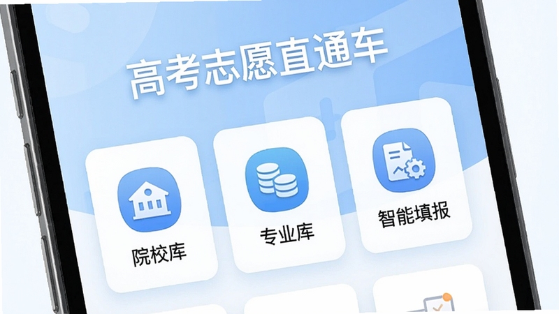 一张手机界面展示高考志愿直通车的主页面,上方显示“高考志愿直通车”字样,中间以卡片形式展示“院校库”、“专业库”、“智能填报”等核心功能图标,背景为淡蓝色渐变,整体风格清爽科技感,主视觉突出软件名称,界面简洁大方。
