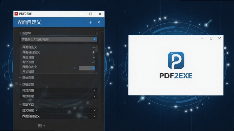 һ�ŶԱ�չʾͼ�������PDF2EXE�����ġ������Զ��塱������壬�Ҳ������ɺ��EXE��������Ч������ʾ������Ʒ��Logo���������档������÷�����ͼ������ɫ���ԿƼ����Ͱ�ɫΪ�����Ӿ����㼯�����Զ���ѡ������ճ��ֵ������ں��ϣ���Χ������ϸ΢�Ľ�����㣬ǿ�����Ի���רҵ�С�