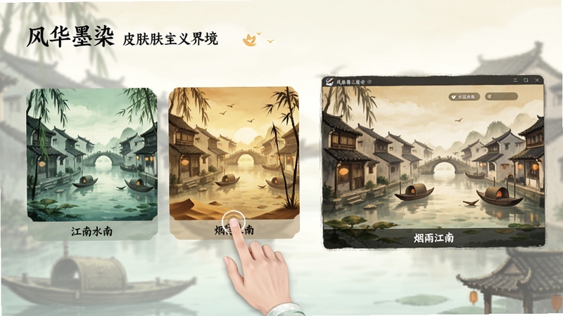 �绪īȾ��Ƥ���Զ�����棬չʾ���ײ�ͬ����Ƥ������ͼ��һ���ǽ���ˮ�����ɫ����һ����ɳĮ��ɳ��ůɫ����������ڵ�������꽭�ϡ�Ƥ����Ԥ��������ʾ�ı���������Ч���������Ѻ�