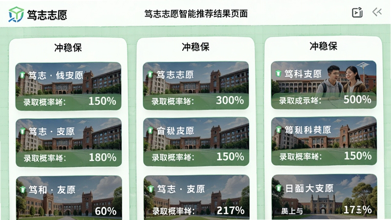 展示笃志志愿智能推荐结果页面的示意图,画面上有“冲稳保”三个分栏,每个分栏下排列着院校卡片,每张卡片上显示校名和录取概率百分比,背景为淡绿色网格,整体界面明亮清晰,突出“笃志志愿”品牌标识