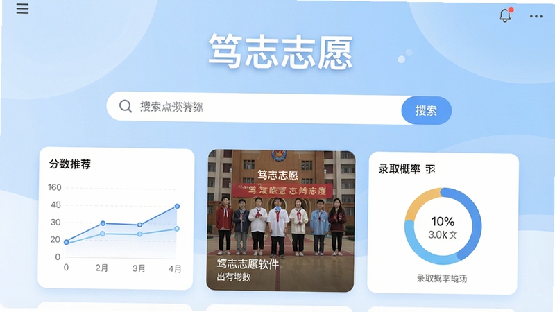 一张展示笃志志愿软件主界面的高清截图,画面中央是简洁的搜索栏和推荐院校卡片,背景为柔和的浅蓝色渐变,整体风格现代清新,突出软件名称“笃志志愿”四个字,界面元素包括分数线图表和录取概率环形图