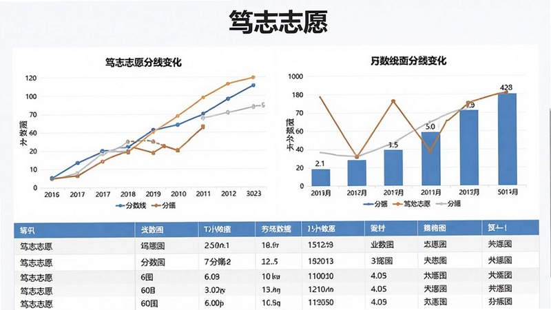 一张展示笃志志愿历年数据查询功能的截图,画面上有折线图和柱状图展示分数线变化,下方是数据表格,背景为白色,整体风格简洁商务,图表上方有“笃志志愿”的标题