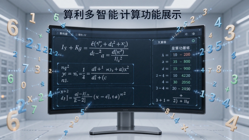算利多智能计算功能展示,屏幕中显示复杂数学公式和计算结果,周围有浮动数字和符号特效,背景为浅灰色科技感界面,强调运算速度和准确性,画面明亮清晰。