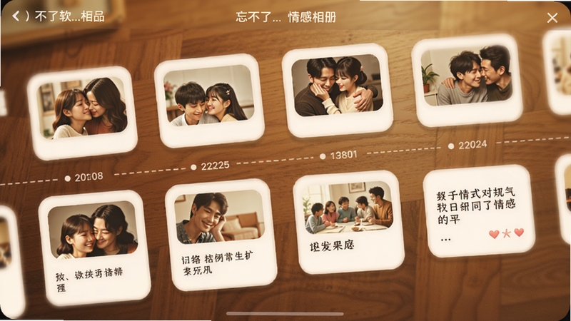 忘不了软件情感相册界面,展示时间轴排列的照片与文字记录,背景为暖色调木纹桌面,相册卡片带有圆角阴影,整体氛围温馨感人