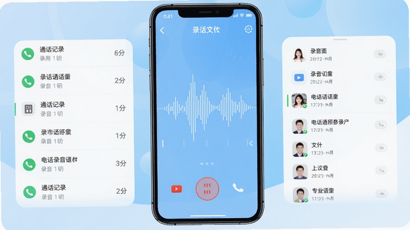 电话录音助手主界面预览图,展示简洁的通话记录列表与录音文件管理界面,手机屏幕中央显示录音波形动画,背景为浅蓝色渐变,整体风格清新明快,突出软件易用性与专业性。