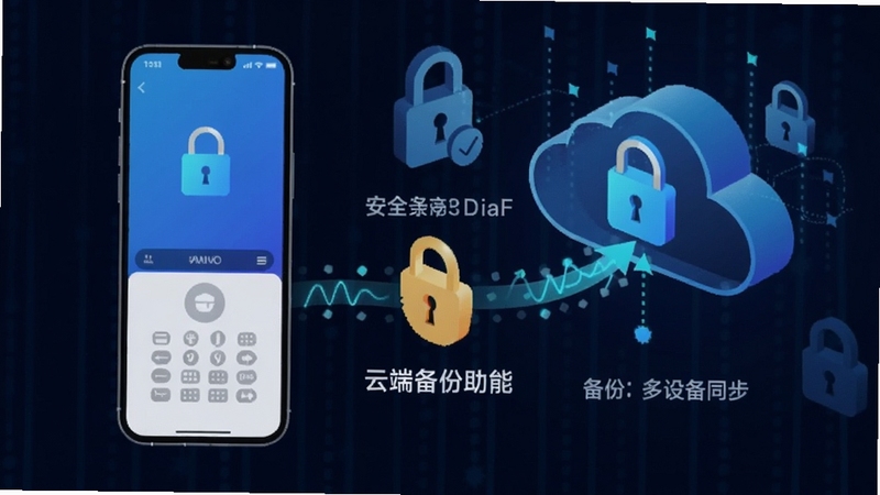 电话录音助手云端备份功能展示图,手机与云端服务器之间数据传输动画,背景为数据加密锁图标,画面突出安全备份与多设备同步概念。