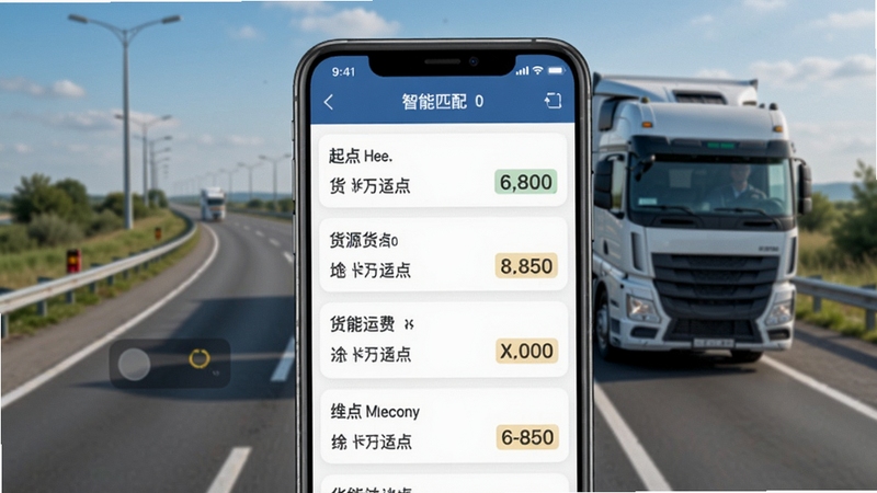 货车拉运货司机货源匹配功能截图,手机屏幕中显示多条货源列表,有起点终点和运费信息,背景是高速公路和货车,画面清晰,突出智能匹配的便捷性