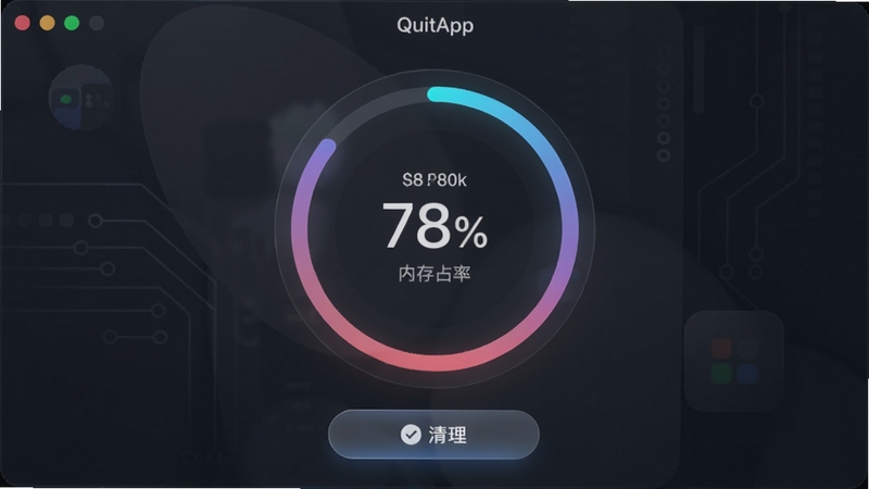 QuitApp内存监控界面,环形进度条显示内存占用率,数值为78%,背景为深色玻璃拟态风格,底部有清理按钮,整体科技感十足。