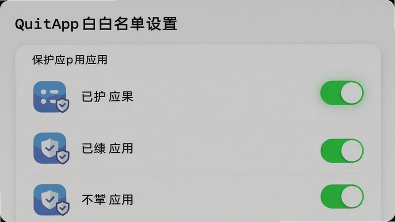 QuitApp白名单设置页面,显示已保护的应用列表,开关按钮为绿色高亮,背景采用浅色卡片式设计,图标带有小盾牌标识,整体风格清新明快。