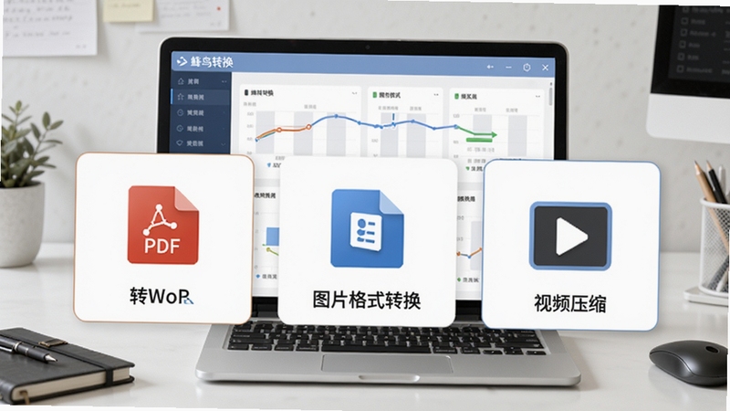 蜂鸟转换软件功能展示图,画面展示PDF转Word、图片格式转换、视频压缩等多个功能卡片,背景为浅灰色工作台,软件界面元素清晰,带有“蜂鸟转换”标识,现代简约风格,色彩明快