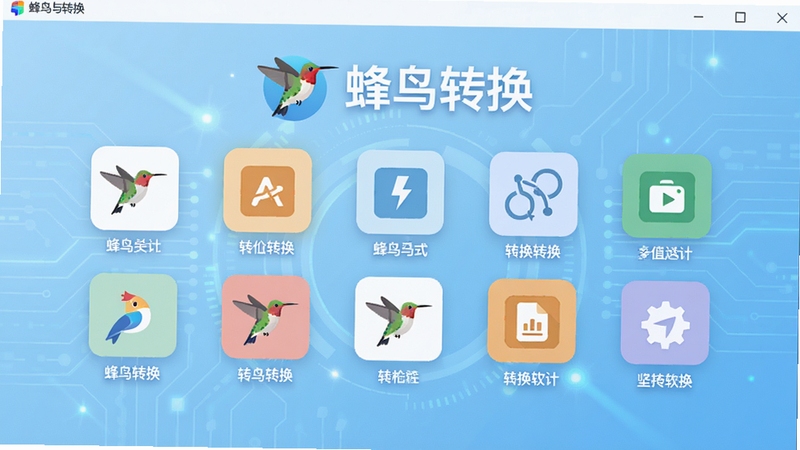 蜂鸟转换软件主界面预览图,画面中央显示多种格式转换功能图标,背景为淡蓝色科技感渐变,界面简洁明亮,突出软件名称“蜂鸟转换”Logo,现代扁平化设计风格,高清细节丰富