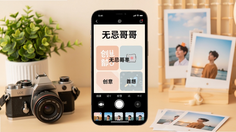 一张展示无忌哥哥软件核心功能的场景图,画面中央是一部智能手机,屏幕显示软件主界面,包含醒目的“无忌哥哥”字样、创意水印模板预览、拍摄按钮和滤镜选择栏。背景为温馨的室内拍摄台,摆放着绿植、相机道具和照片打印样张,整体色调明亮柔和,突出软件易用性与趣味性,适配Boogu模型生成。