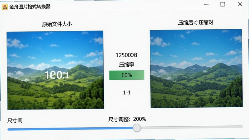 金舟图片格式转换器图片压缩对比界面,左侧为原始文件大小,右侧为压缩后大小,中间显示压缩率,下方为尺寸调整滑块,色彩明亮清晰