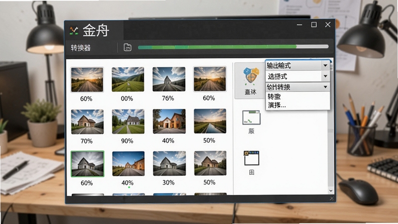 金舟图片格式转换器批量转换功能演示图,多张图片同时拖入转换列表,界面显示转换进度百分比,输出格式选择下拉菜单,背景为工作台环境