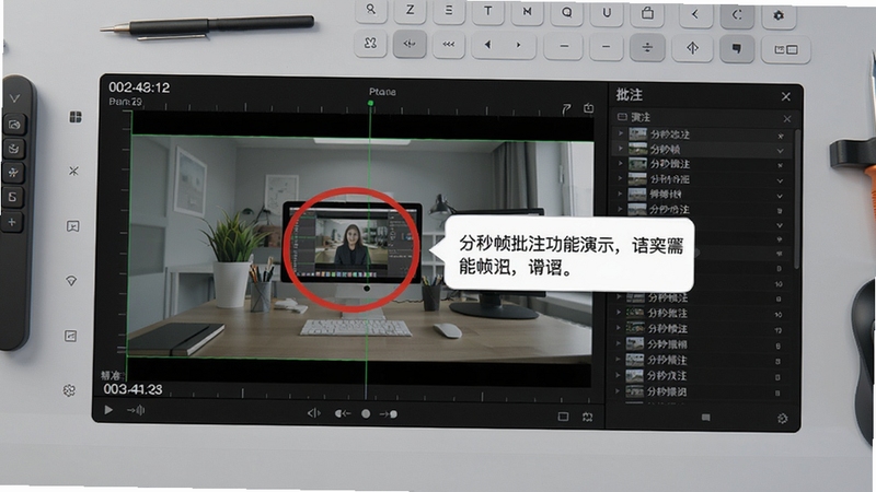 分秒帧批注功能演示,视频画面上有一个红色圆圈标注,旁边弹出文字评论气泡,界面显示时间码和批注列表,背景为浅灰色工作台,细节清晰,突出帧级批注的精准性