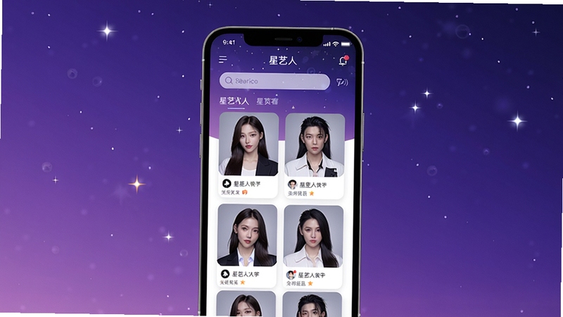 星艺人整体预览图,画面中央是一部智能手机屏幕,屏幕上展示着星艺人软件的主界面,上方有搜索栏和艺人卡片列表,背景为渐变的星空紫色,周围点缀着微小的星星光点,整体风格现代简洁,突出软件的信息聚合质感