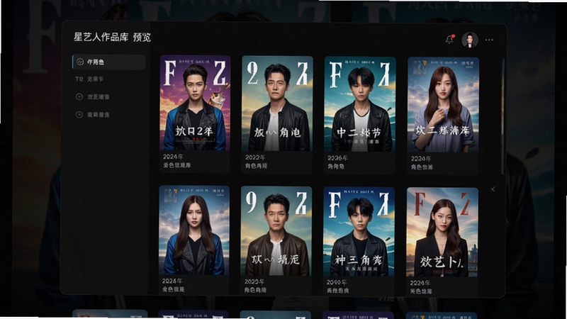星艺人作品库界面预览图,屏幕上展示着一位艺人的作品列表,包含海报缩略图、年份和角色名,界面采用深色主题,卡片式布局,背景为暗色纹理,突出海报的鲜艳色彩,整体视觉层次丰富