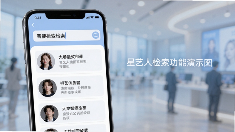 星艺人智能检索功能演示图,画面展示手机屏幕上的搜索界面,输入框内有关键词,下方呈现出匹配的艺人列表,每个条目带有头像和简短介绍,界面以白色和浅蓝色为主,背景虚化处理,突出搜索结果的清晰与便捷