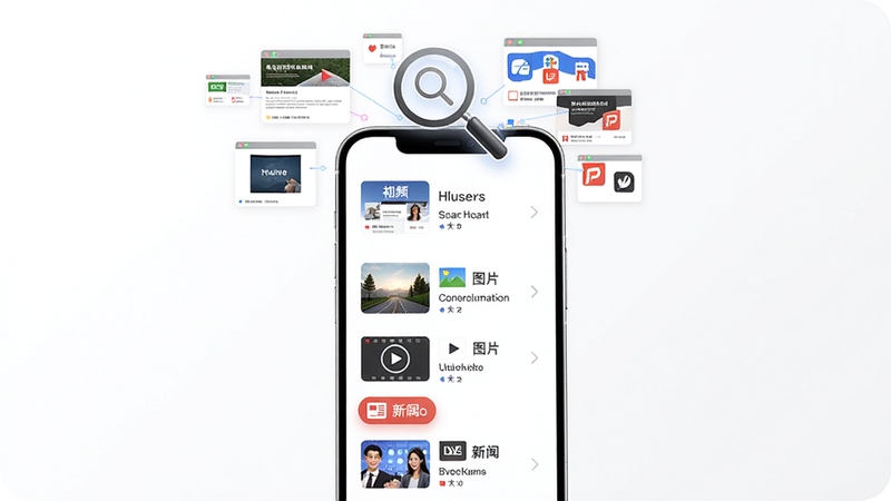 寻思软件智能聚合搜索功能示意图,画面展示一个智能手机屏幕,屏幕内呈现多个搜索结果分类标签,如网页、图片、视频、新闻,每个标签下都有对应的缩略图与文字列表,背景为柔和的灰白色调,手机屏幕上方悬浮着放大镜图标与多个小窗口,代表多平台数据汇聚,整体设计简洁清晰,科技感十足,16:9比例,高清画质