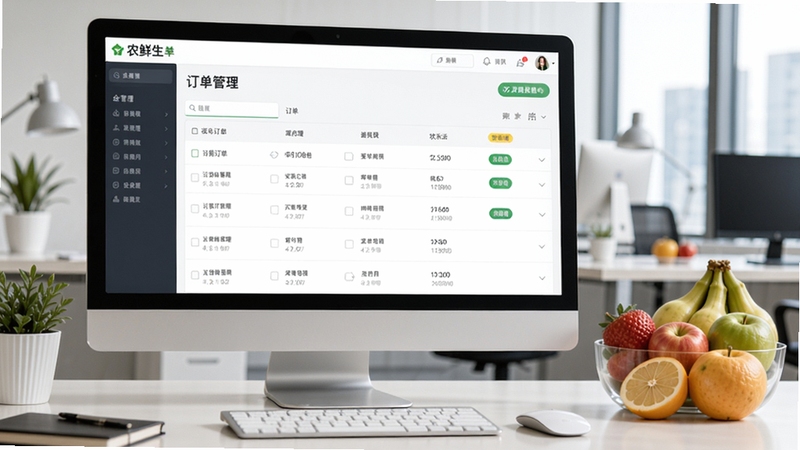 农鲜生订单管理页面截图,展示订单列表和状态标签,背景为现代办公室桌面,电脑屏幕显示软件界面,旁边放有新鲜水果,画面写实清晰