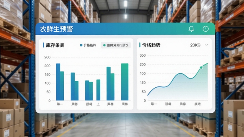 农鲜生库存预警界面,显示库存条形图和价格趋势线,背景为仓储货架,手机界面悬浮于前,突出数字看板,色彩以蓝绿为主,商务科技感