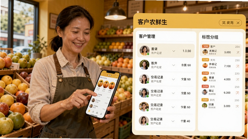 农鲜生客户管理页面,展示客户列表和标签分组,背景为温馨的社区水果店,店主正在使用手机,界面清晰显示头像和交易记录,色调暖黄亲和