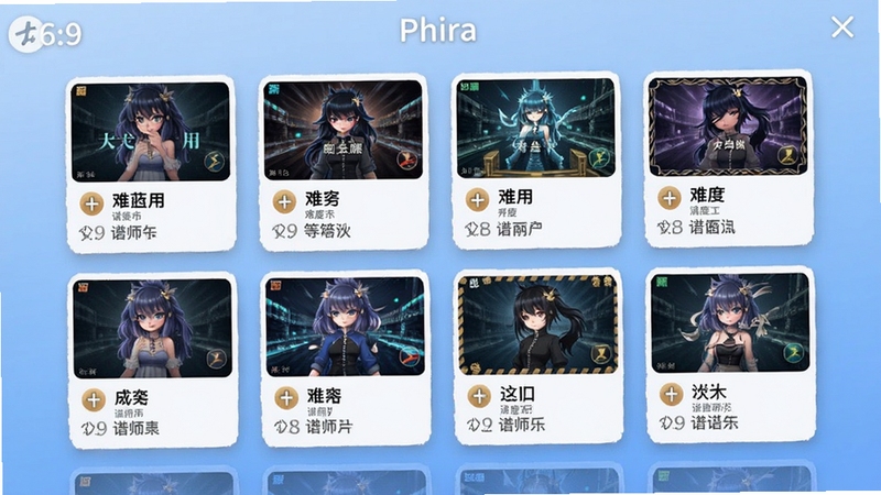 Phira谱面选择界面,展示多张卡片式谱面缩略图,每张卡片上显示曲名、难度等级和谱师名称,界面风格清爽简洁,背景为柔和的渐变蓝色,突出海量曲库的丰富性,画面比例16:9