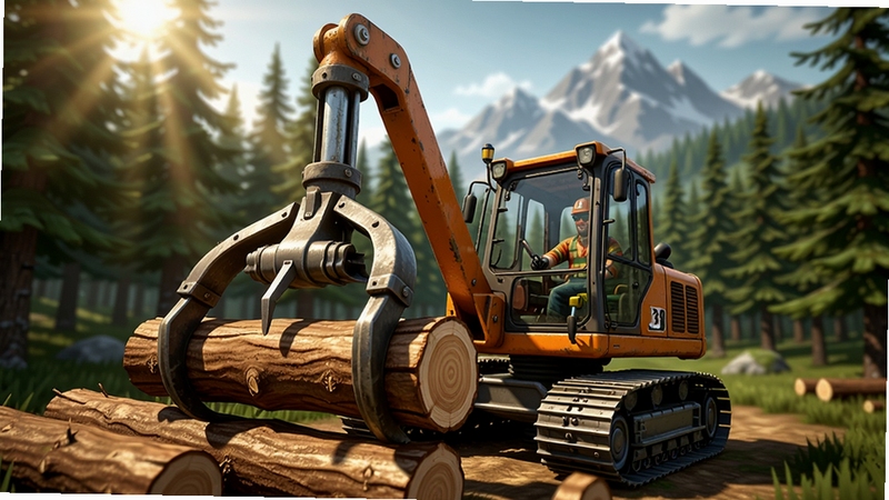 Lumberjack Simulator 3D 游戏主视觉图,前景是一台大型伐木机正在抓取原木,背景是茂密的松树林和远处雪山,阳光透过树梢洒下,画面逼真,色彩明亮,符合3D模拟游戏风格,主体居中,背景虚化,适配横屏显示