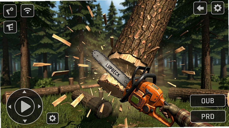 Lumberjack Simulator 3D 操作界面截图,展示手持电锯砍树瞬间,木屑四溅,树木倾斜,背景是森林,UI按钮清晰,画面细节丰富,突出真实物理效果