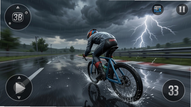极速3D骑行游戏内雨天赛道截图,骑手穿着雨衣在湿滑的路面上骑行,车轮溅起水花,天空乌云密布,远处有闪电,画面质感真实,突出天气系统的视觉表现