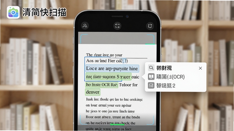 清简快扫描OCR文字识别功能示意图,手机屏幕上显示扫描的英文文档,文字被高亮框选并弹出翻译结果,背景为书架,画面干净明亮,体现软件智能识别能力,包含“清简快扫描”Logo