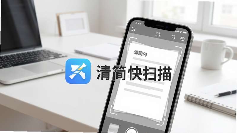 清简快扫描主界面预览图,手机屏幕显示扫描文档的界面,背景为简约办公桌面,光线明亮,突出软件名称“清简快扫描”的Logo,整体风格清新简洁,符合工具类应用气质,适配Boogu模型生成