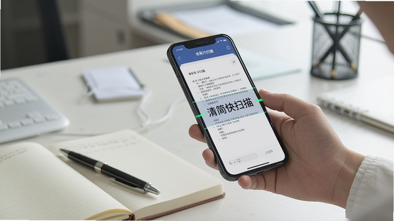 清简快扫描使用场景图,用户手持手机扫描纸质文件,周围有笔记本和笔,背景为办公室,画面自然写实,体现软件便捷性,包含“清简快扫描”字样