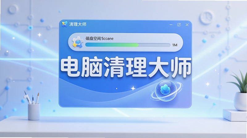 现代化3D渲染的电脑清理大师软件界面悬浮在干净整洁的桌面上,背景是柔和的蓝白渐变科技感光线,界面显示磁盘空间清理进度条和加速球,画面中央有醒目的“电脑清理大师”字样,整体风格明亮简洁,符合系统工具软件预览图风格