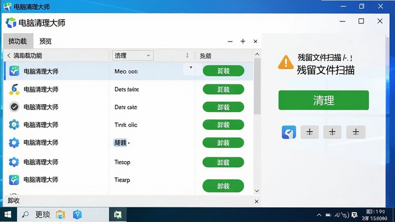 电脑清理大师软件卸载功能界面预览,显示软件列表和卸载按钮,界面有绿色清理按钮和残留文件扫描提示,背景为干净的Windows桌面环境,软件名称“电脑清理大师”在窗口标题栏显示