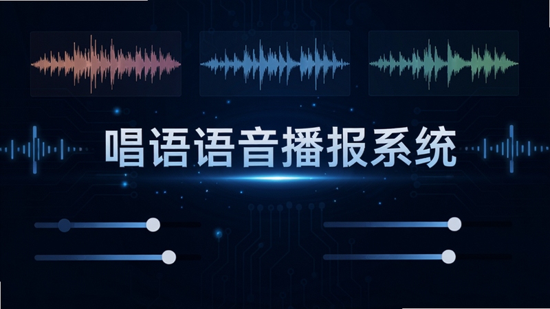 唱语语音播报系统智能语音合成引擎示意图,画面中展示多种音色波形图与调节滑块,背景为深蓝色科技光效,中央显示“唱语语音播报系统”字样,突出语音合成的高清音质与多样化选择