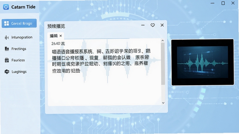 唱语语音播报系统主界面预览图,展示简洁的软件布局,中央为播报内容编辑区域,左侧为功能导航栏,右侧显示实时预览窗口,背景为浅蓝色科技感风格,整体画面清晰明亮,突出软件的易用性与专业感
