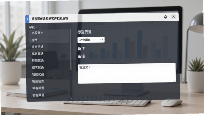 循客翼伴通智能客户档案编辑界面,左侧为字段列表,右侧为信息填写区域,包含标签选择、备注文本框,背景为整洁的办公桌面,突出数据整理与分类管理的概念,色调柔和,视觉清晰,适配Boogu模型生成