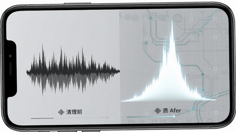 扬声器清洁助手音质测试界面,手机屏幕显示音量波形对比图,左侧为清理前暗淡波形,右侧为清理后明亮高耸波形,背景为浅灰色科技网格,风格专业简洁