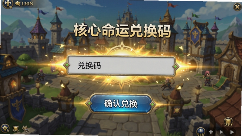 核心命运兑换码界面示意图,画面中央是一个输入框,背景是游戏主城界面,界面下方有“确认兑换”按钮,周围有金色光效点缀,风格明亮清晰,突出兑换码功能的便捷性。